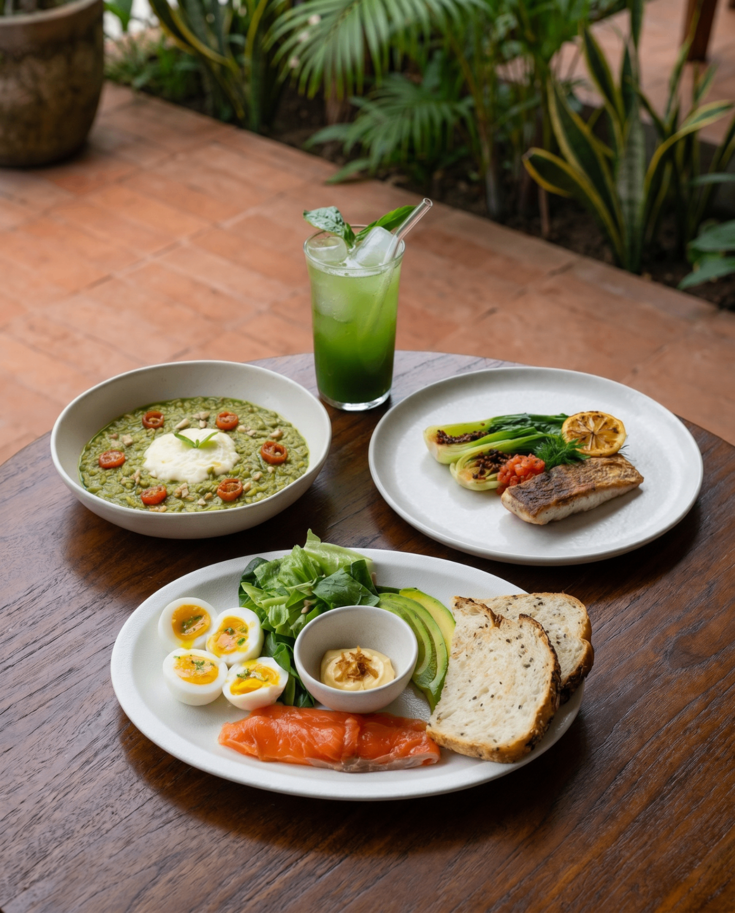 Açaí bowl and coffee at AVA Bistro brunch service in Seseh, Bali