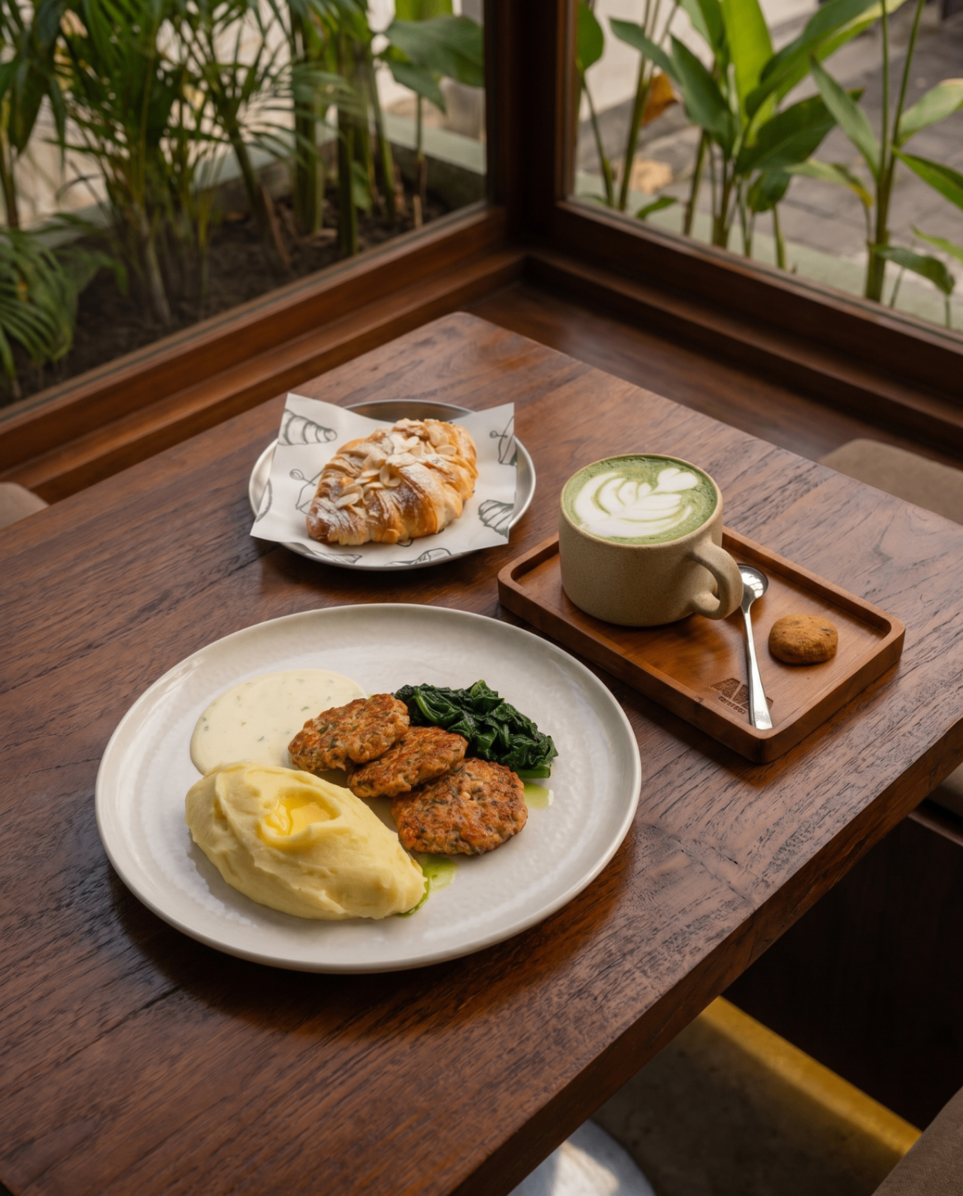 Fish cakes with mashed potato, spinach, an almond croissant and a matcha latte at AVA Bistro