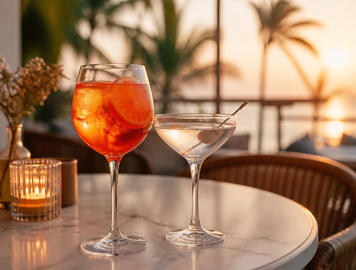 AVA Spritz and Martini on the terrace at AVA Bistro during sunset in Seseh